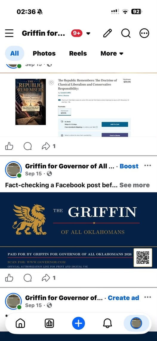 Griffin for Governor campaign Facebook page showing The Republic Remembers book listing
