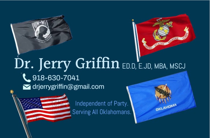 Dr. Jerry Griffin contact card with POW-MIA, Marine Corps, American, and Oklahoma flags
