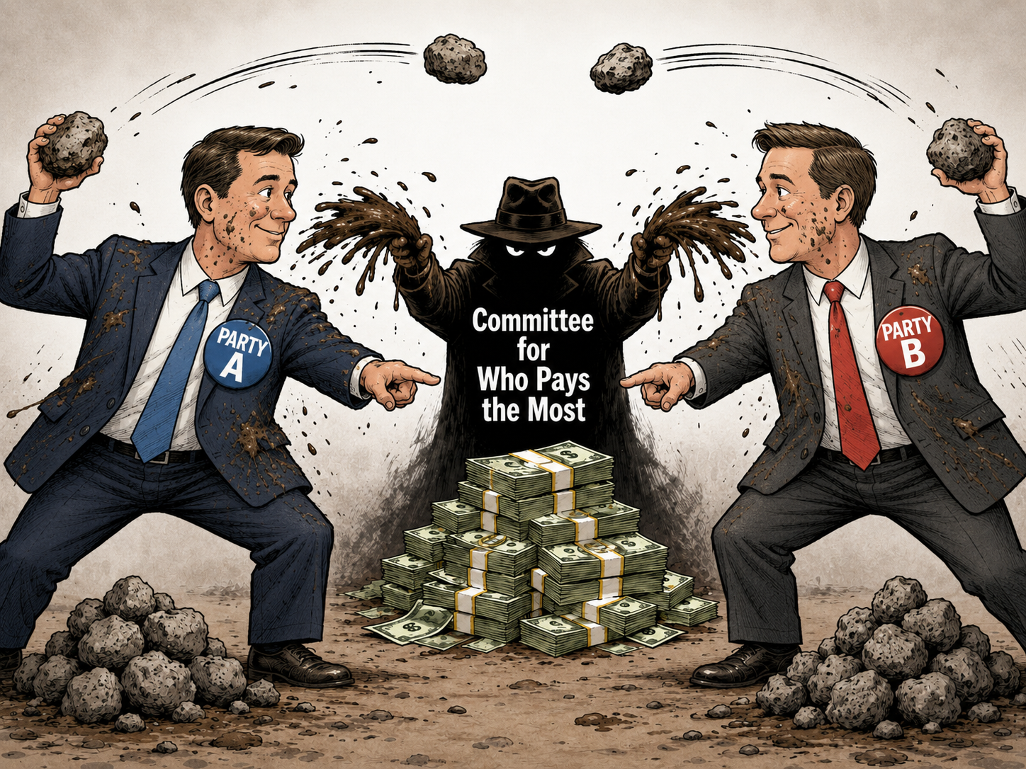 Political cartoon showing two party politicians controlled by dark money — Committee for Who Pays the Most